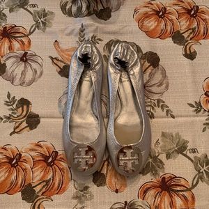 Tory Burch Silver Metallic Minnie Travel Flats